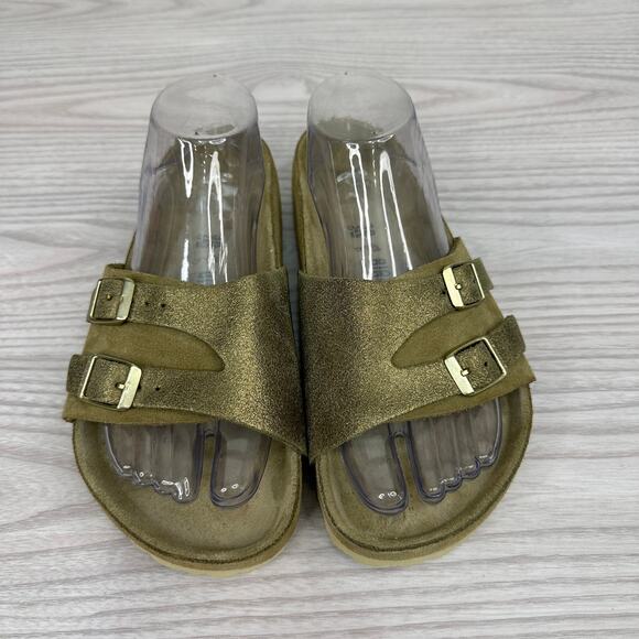 Birkenstock Vaduz Slide Sandals Sz 38 Gold Metallic Suede Leather Slip On Buckle - Picture 4 of 9